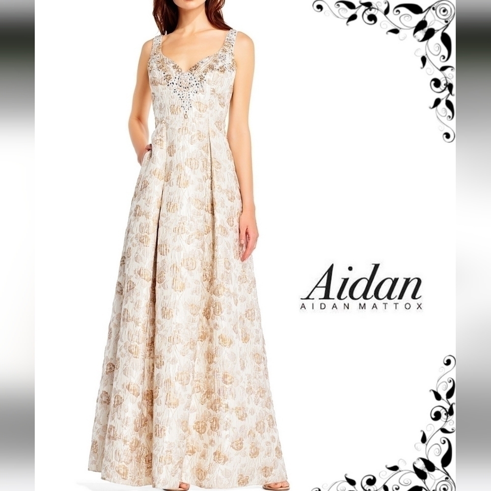 Aidan Mattox MD1E201398 Embellished Sweetheart Jacquard A-line Dress Gown Gold